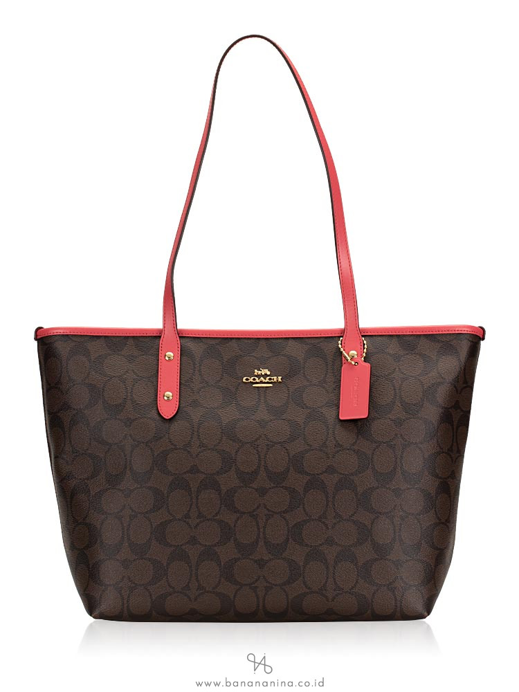 COACH 58292 Signature City Zip Tote Brown Strawberry