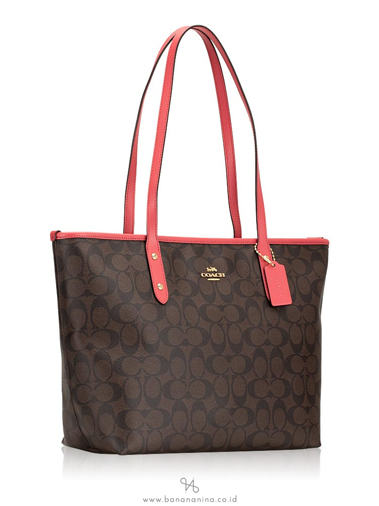 COACH 58292 Signature City Zip Tote Brown Strawberry