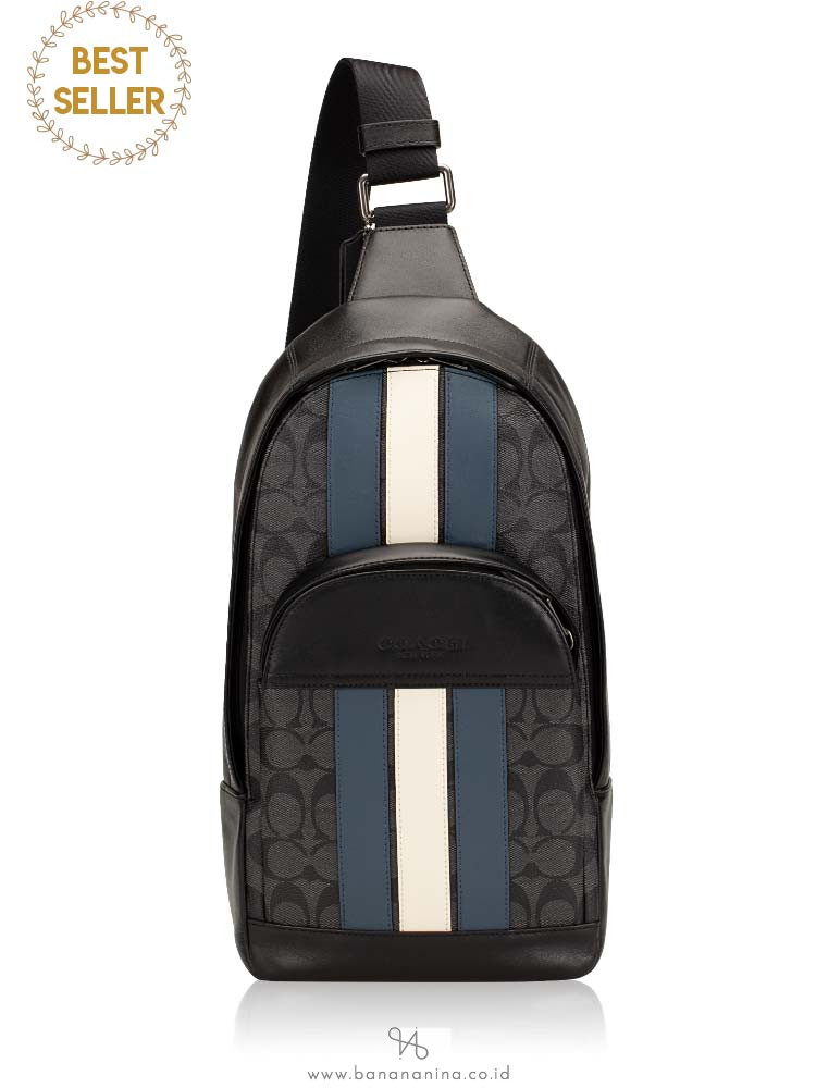 COACH Men 67249 Signature Houston Varsity Sling Pack Charcoal Denim Chalk