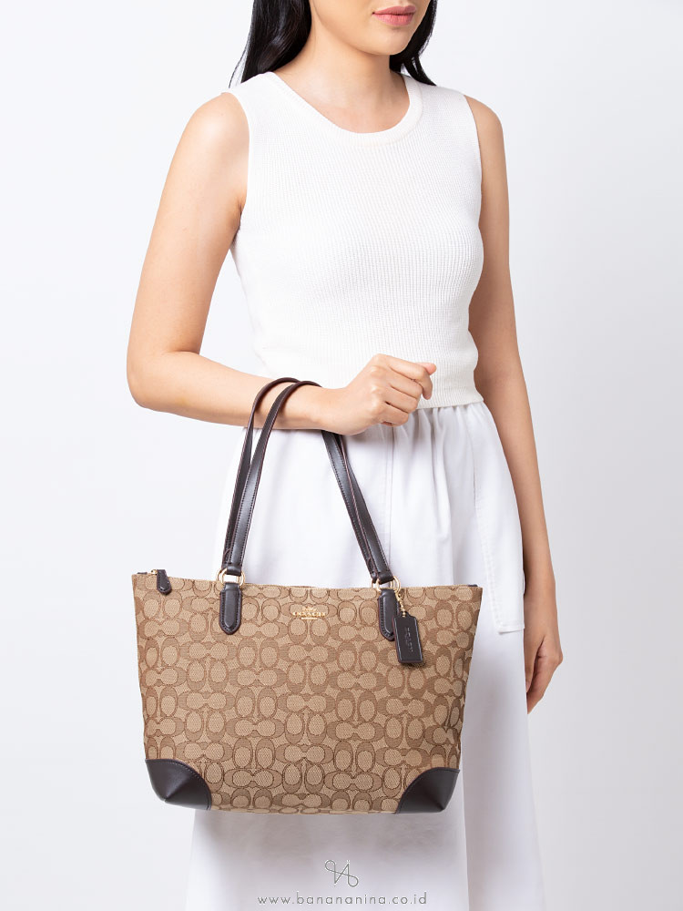 COACH 29958 Outline Signature Zip Tote Khaki Brown