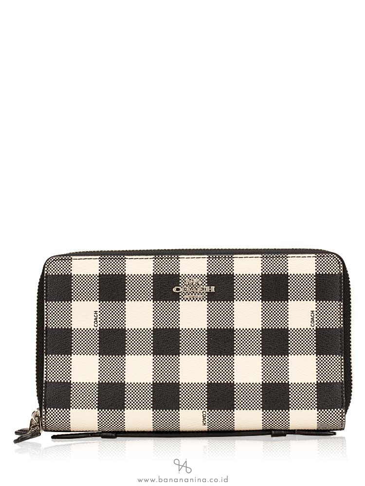 COACH 39148 Gingham Double Zip Travel Wallet Black Multi