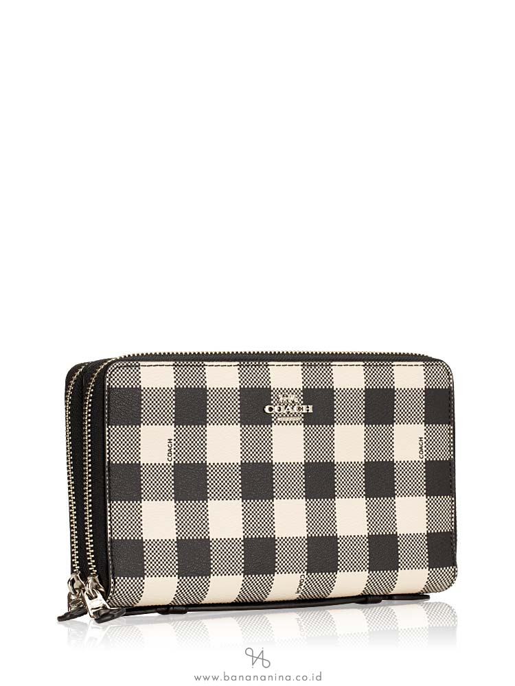 COACH 39148 Gingham Double Zip Travel Wallet Black Multi