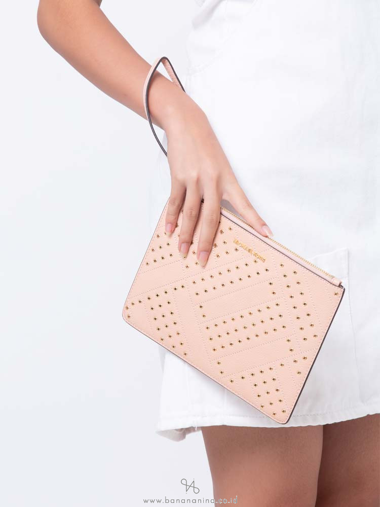 MICHAEL KORS Jet Set Grommet Leather XL Zip Clutch Pastel Pink