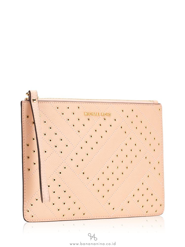 MICHAEL KORS Jet Set Grommet Leather XL Zip Clutch Pastel Pink