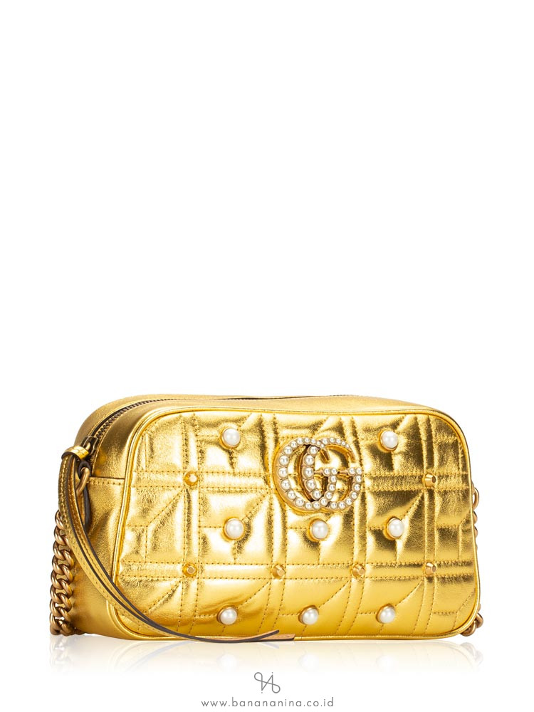 GUCCI GG Marmont Quilted Pearls Crossbody in Shining Gold