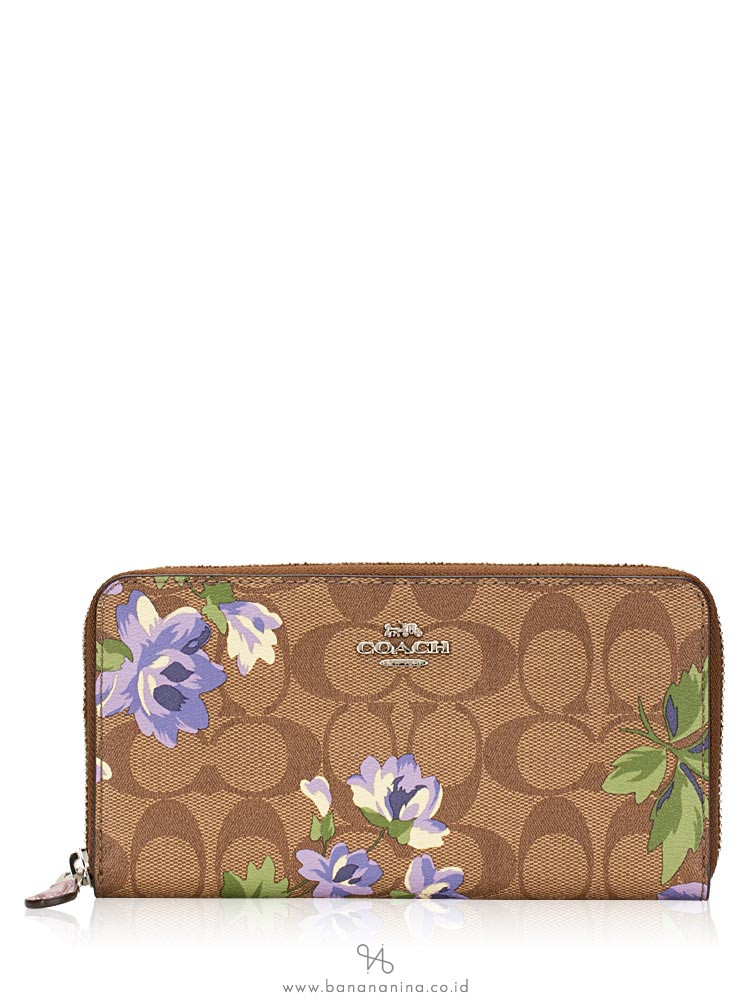 COACH 73345 Signature Lily Print Zip Wallet Khaki Purple Multi