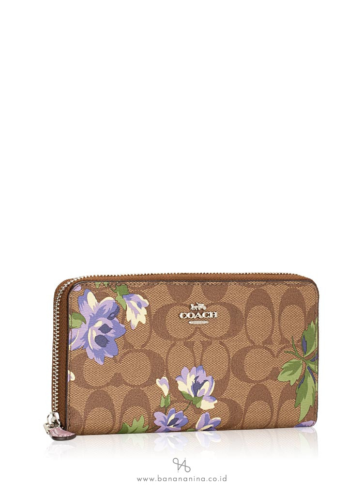 COACH 73345 Signature Lily Print Zip Wallet Khaki Purple Multi