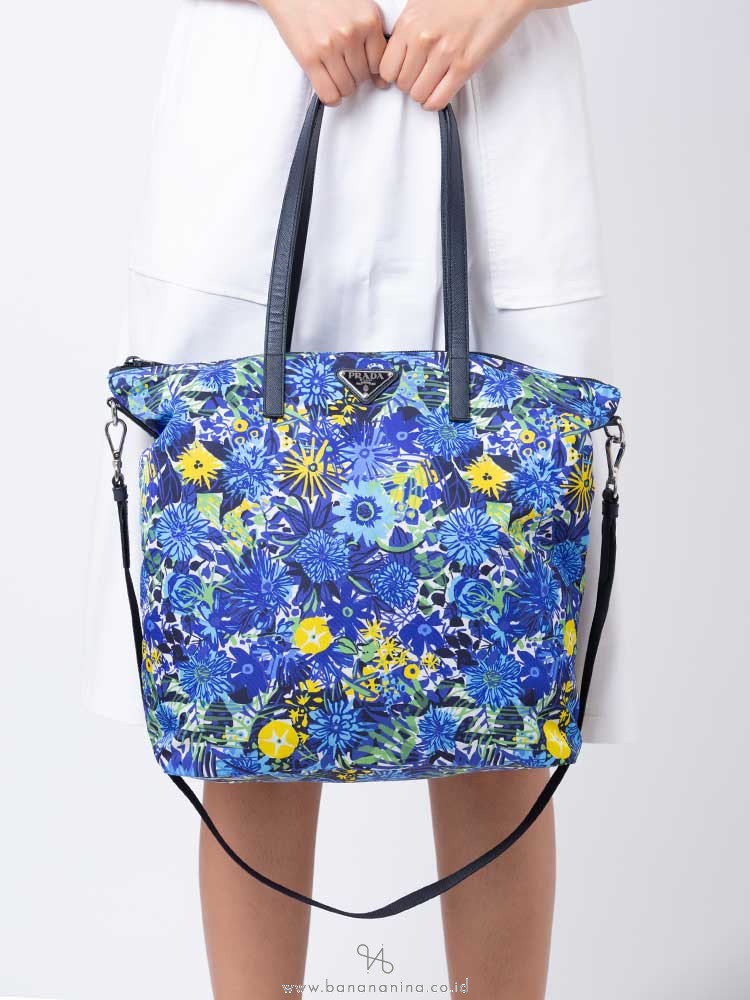 PRADA 1BG189 Tessuto Stampato 2 Way Tote Bluette