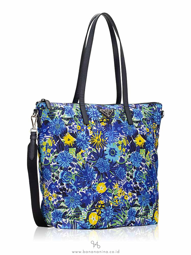 PRADA 1BG189 Tessuto Stampato 2 Way Tote Bluette