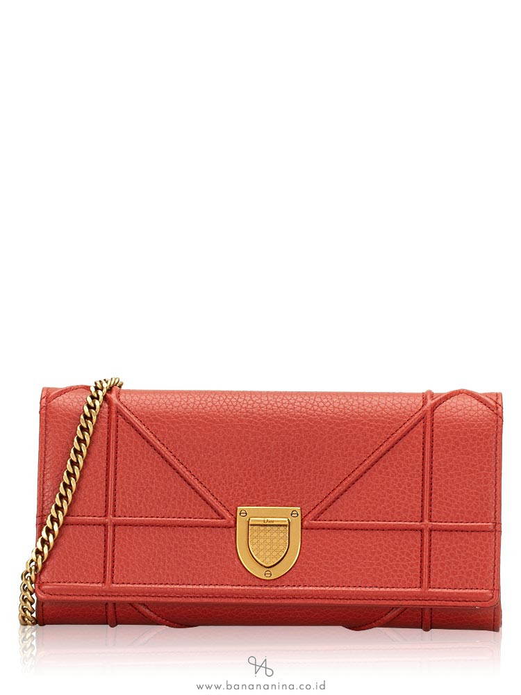 CHRISTIAN DIOR Dior Grained Calfskin Diorama Chain Wallet Rusty Red