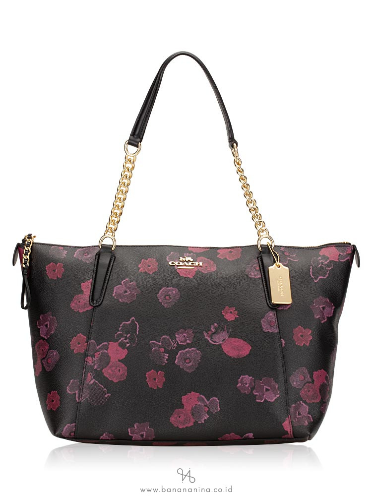 COACH 38114 Halftone Floral Ava Chain Tote Black Wine