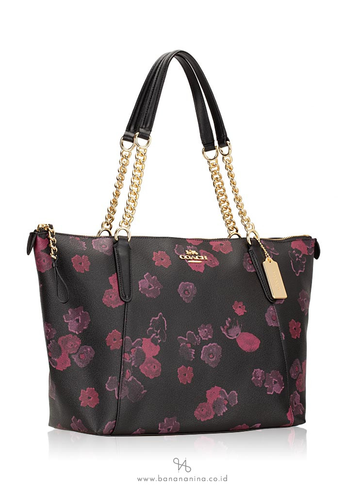 COACH 38114 Halftone Floral Ava Chain Tote Black Wine