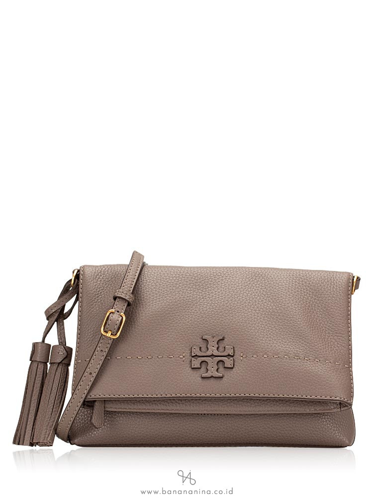 TORY BURCH McGraw Leather Chain Foldover Crossbody Silver Maple