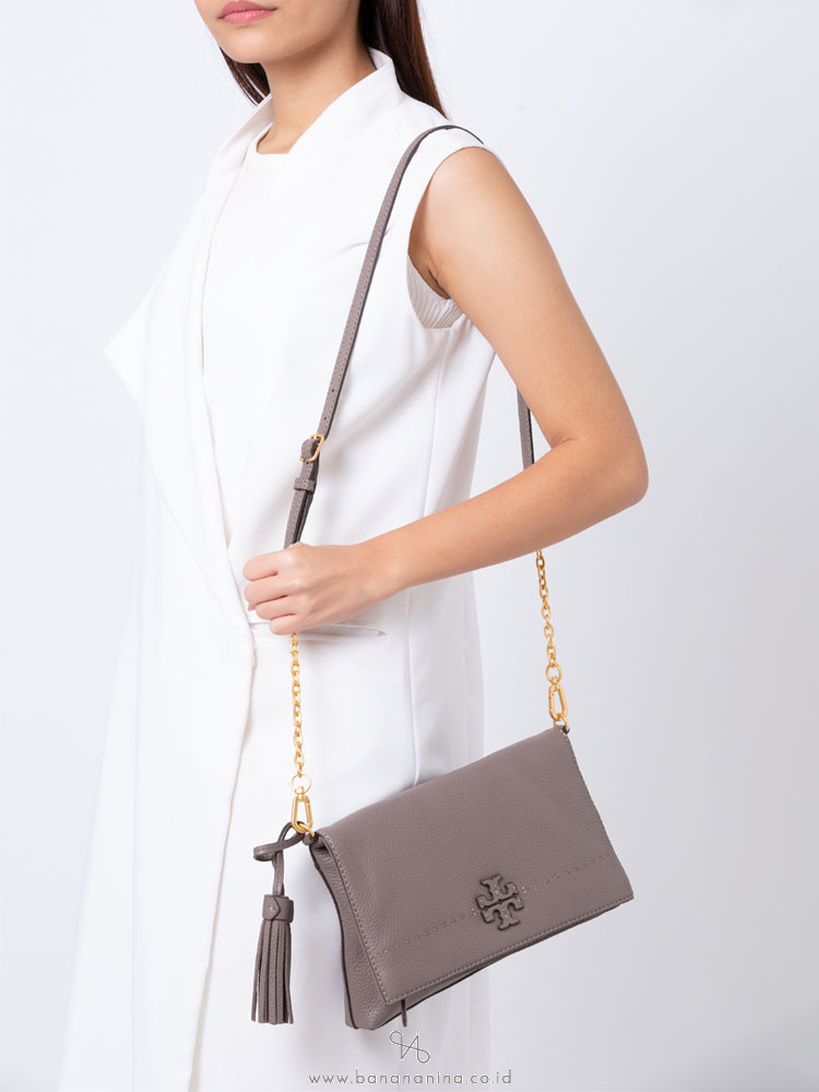 TORY BURCH McGraw Leather Chain Foldover Crossbody Silver Maple