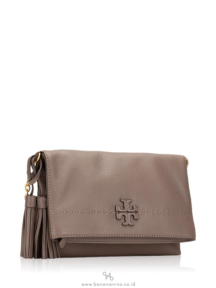 TORY BURCH McGraw Leather Chain Foldover Crossbody Silver Maple