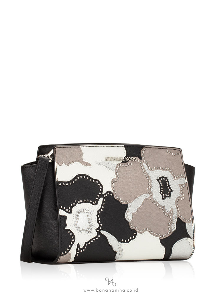 MICHAEL KORS Selma Studded Floral Medium Messenger Black Pearl Grey