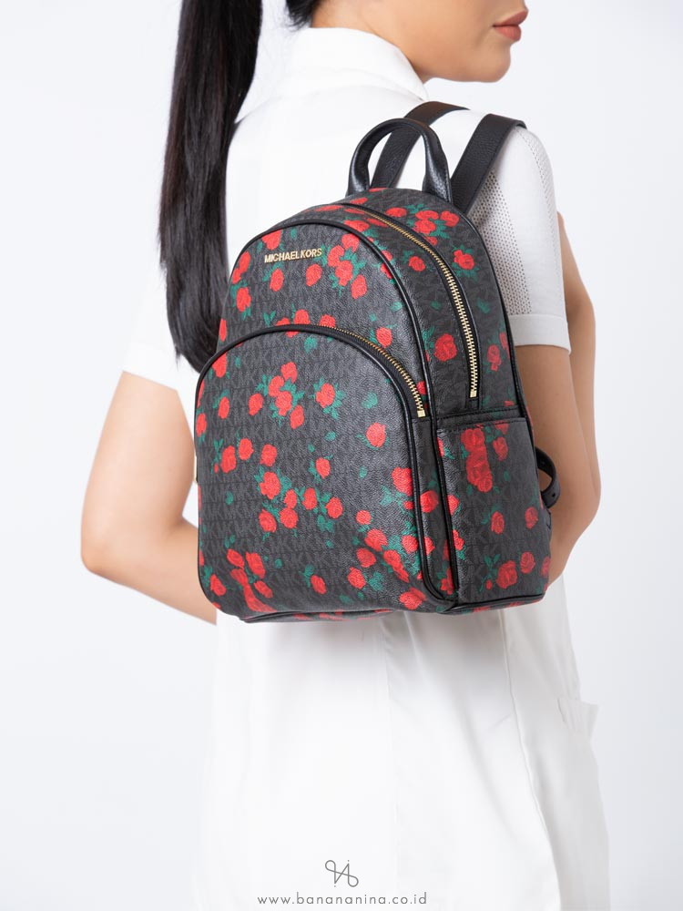 MICHAEL KORS Abbey Signature Floral Medium Backpack Black Red