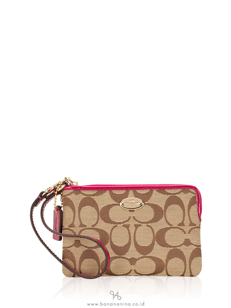 COACH 64643 Signature Small Wristlet Khaki Cranberry