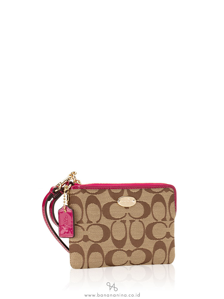 COACH 64643 Signature Small Wristlet Khaki Cranberry