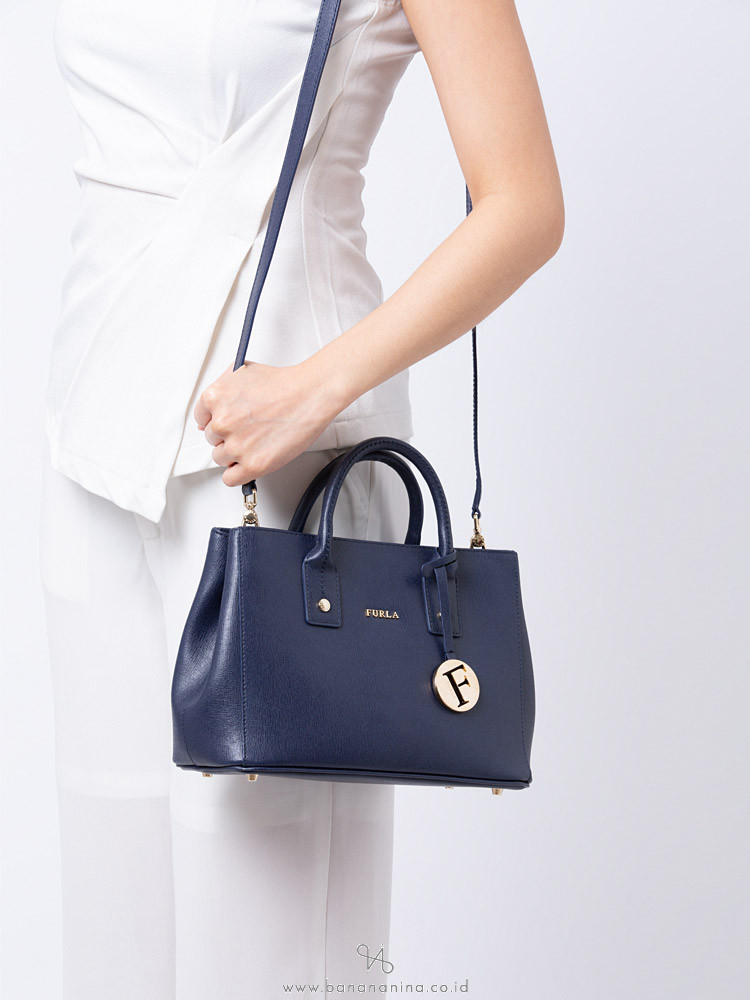 FURLA Linda Small Leather Carryall Tote Navy