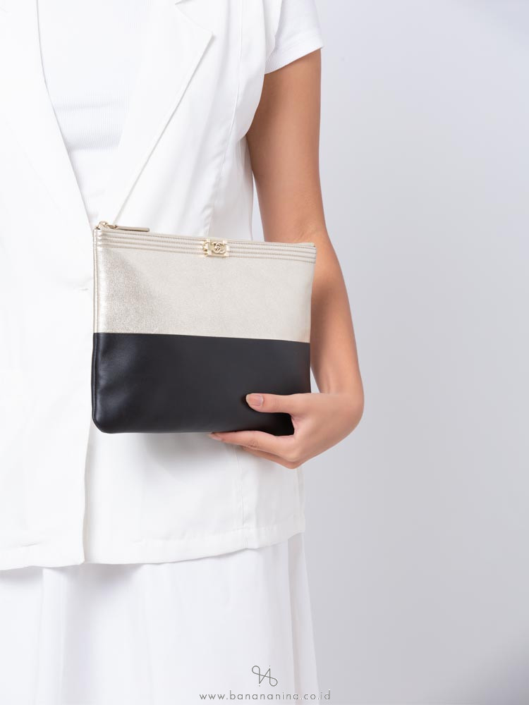 CHANEL Boy Two Tone O Case Clutch Black Gold
