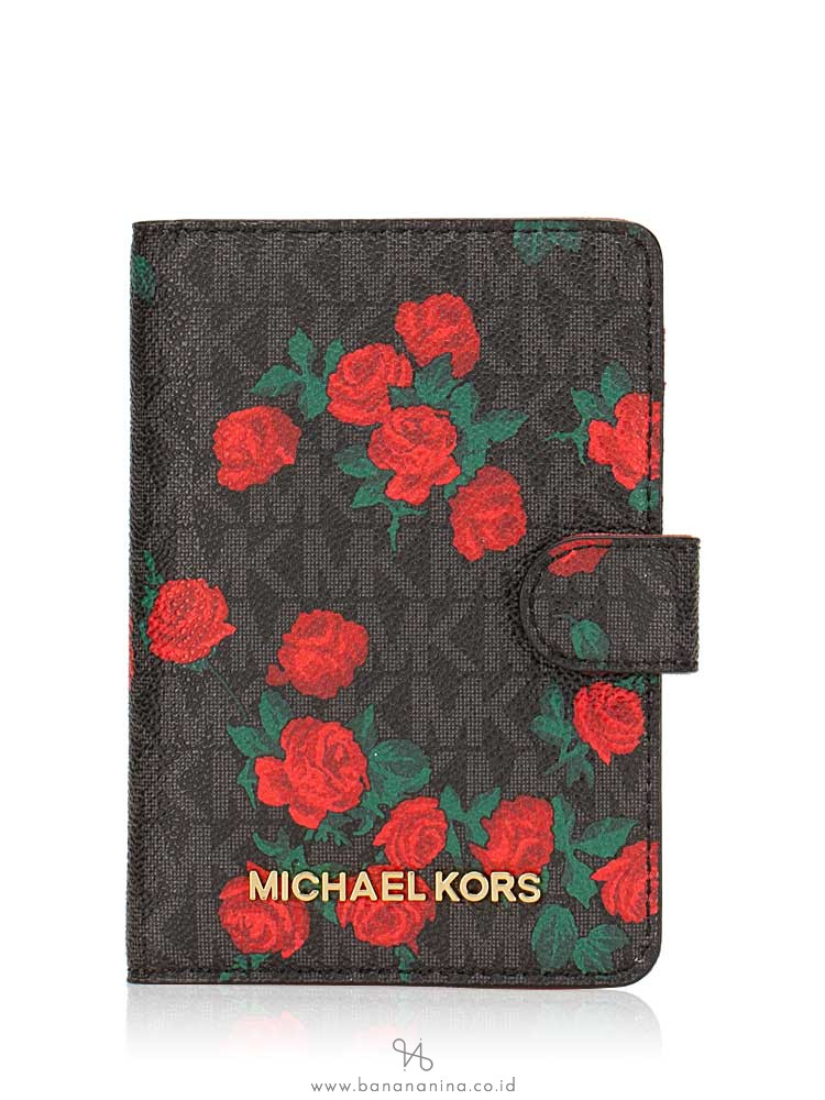 MICHAEL KORS Jet Set Travel Signature Passport Case Black Red Floral