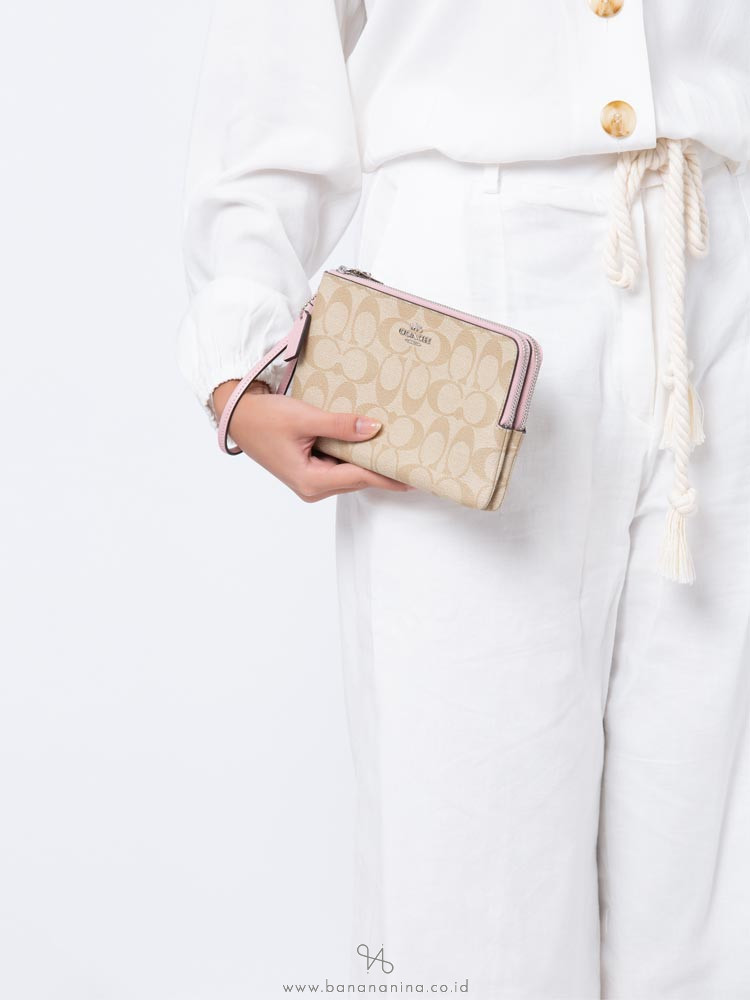 COACH 16109 Signature Double Zip Wallet Light Khaki Carnation