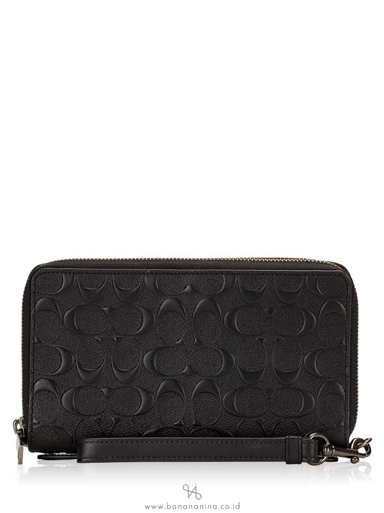 COACH Men 67637 Embossed Leather Double Zip Travel Wallet Black