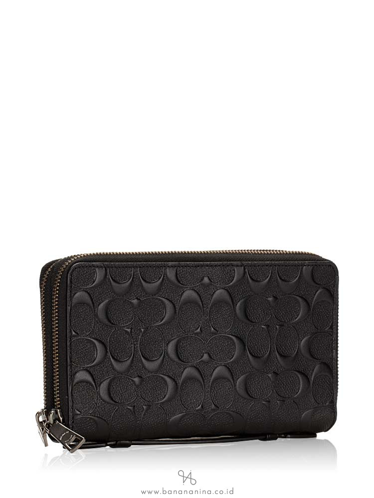 COACH Men 67637 Embossed Leather Double Zip Travel Wallet Black