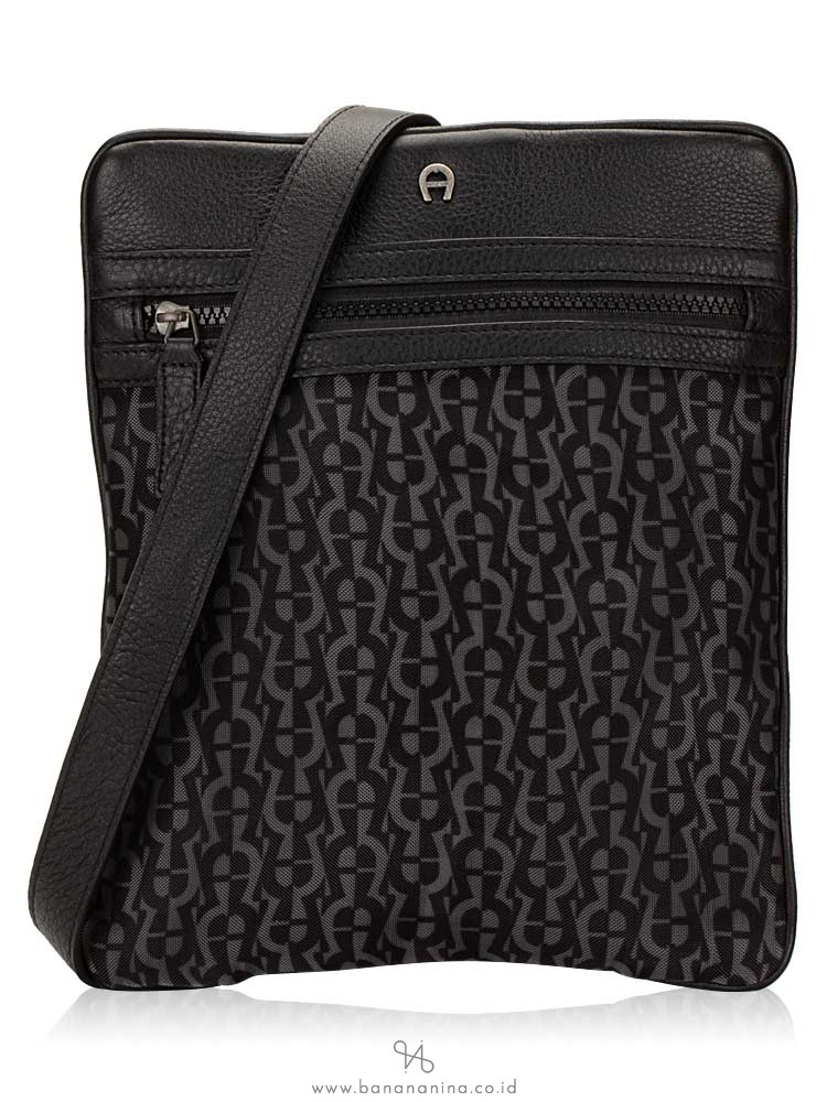 AIGNER Men Monogram Leather Messenger Black