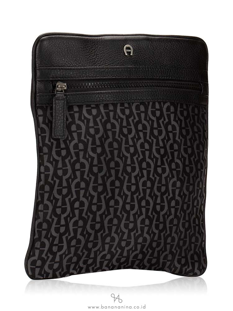 AIGNER Men Monogram Leather Messenger Black