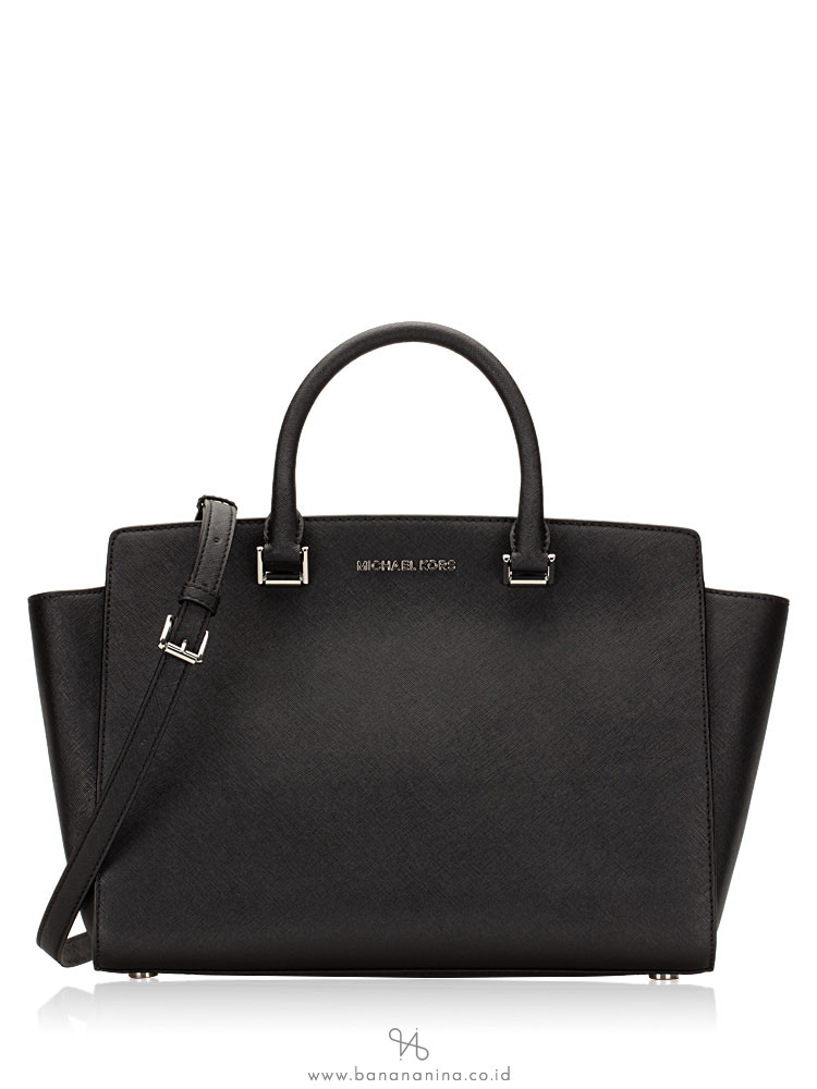 MICHAEL KORS Selma Saffiano Large Zip Double Strap Satchel Black Silver