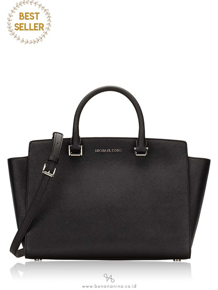 MICHAEL KORS Selma Saffiano Large Zip Double Strap Satchel Black Silver