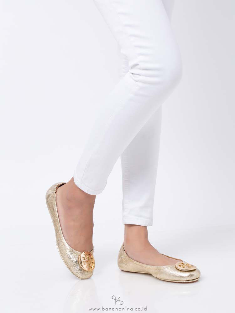 TORY BURCH Minnie Travel Ballet Flats Spark Gold Sz 8