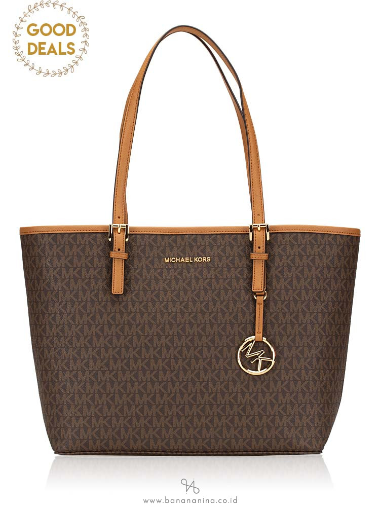 MICHAEL KORS Jet Set Travel Monogram Medium Carryall Tote Brown Acorn