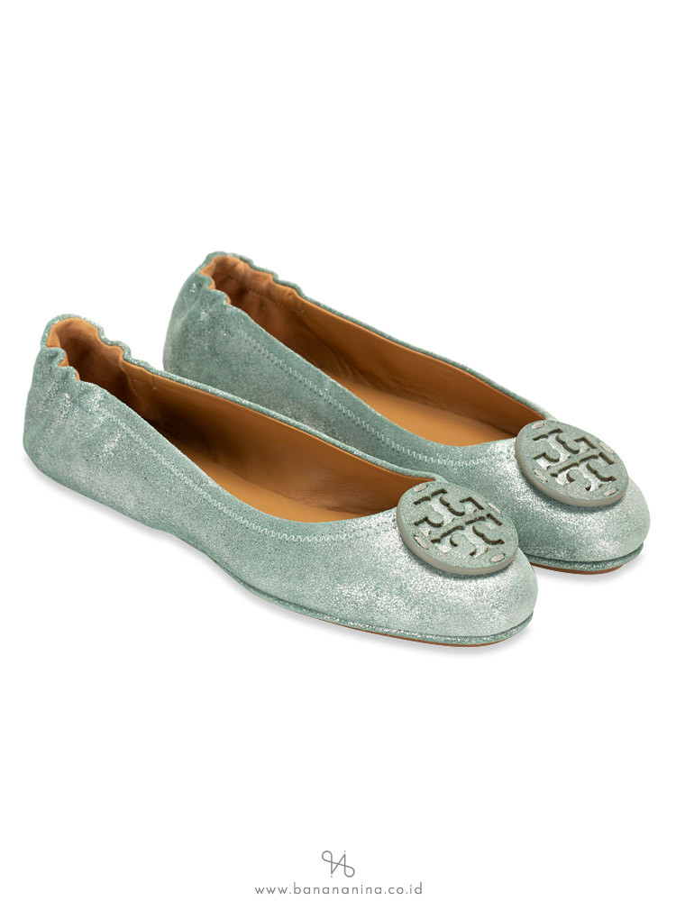 TORY BURCH Minnie Metallic Leather Flats Garden Sage Sz 7.5