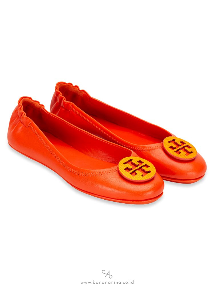 TORY BURCH Minnie Tejus Leather Flats Bright Pomander Dark Saffron Sz 7