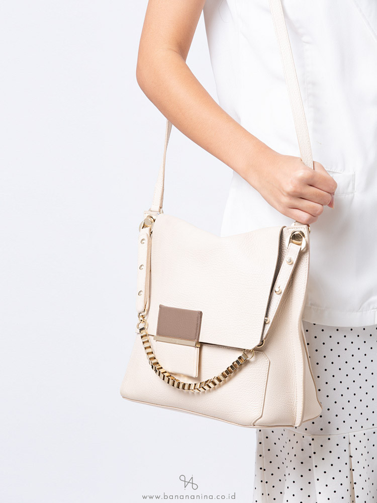 FURLA 2 Tone Leather Shoulder Flap Beige