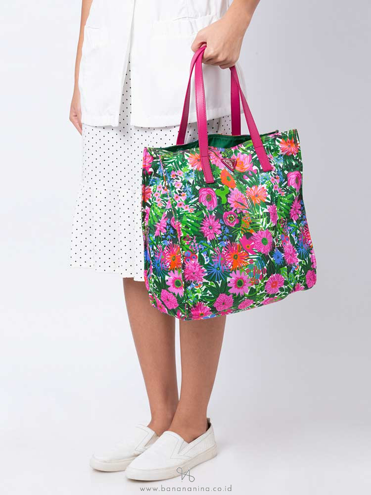 PRADA BN2851 Tessuto Stampato Tote Pink Floral