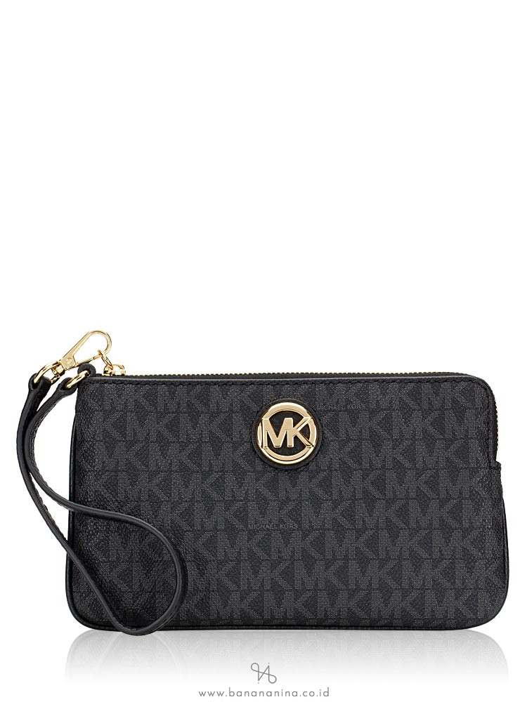 MICHAEL KORS Fulton Signature Large Wristlet Black Gold