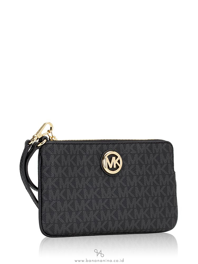 MICHAEL KORS Fulton Signature Large Wristlet Black Gold