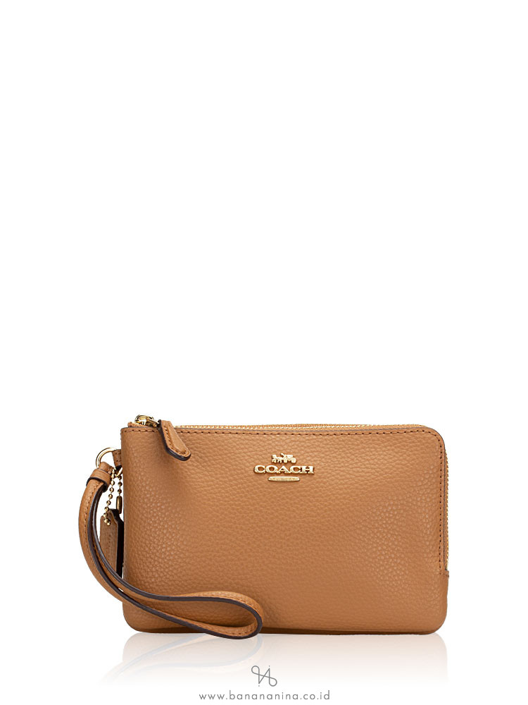 COACH 87590 Pebble Leather Double Zip Wristlet Light Saddle