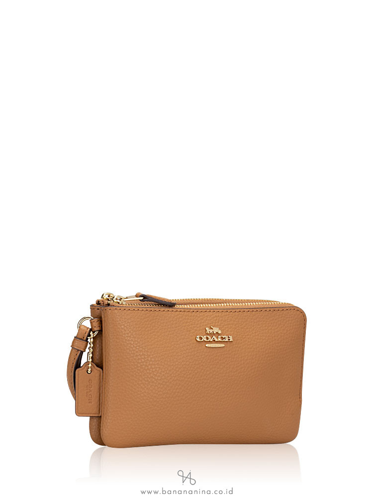 COACH 87590 Pebble Leather Double Zip Wristlet Light Saddle
