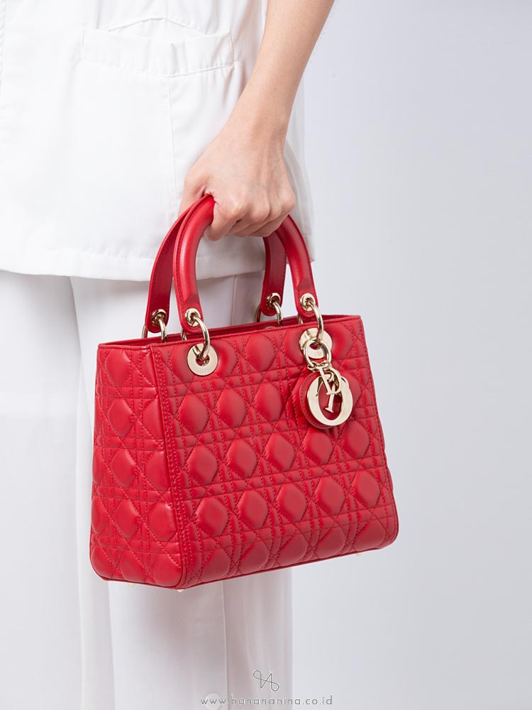 CHRISTIAN DIOR Lambskin Medium Lady Dior Red