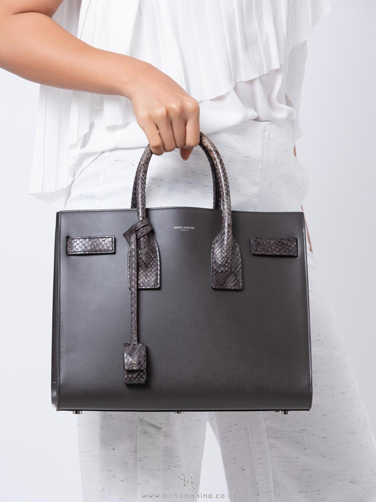 SAINT LAURENT Calfskin Python Small Sac De Jour Coal