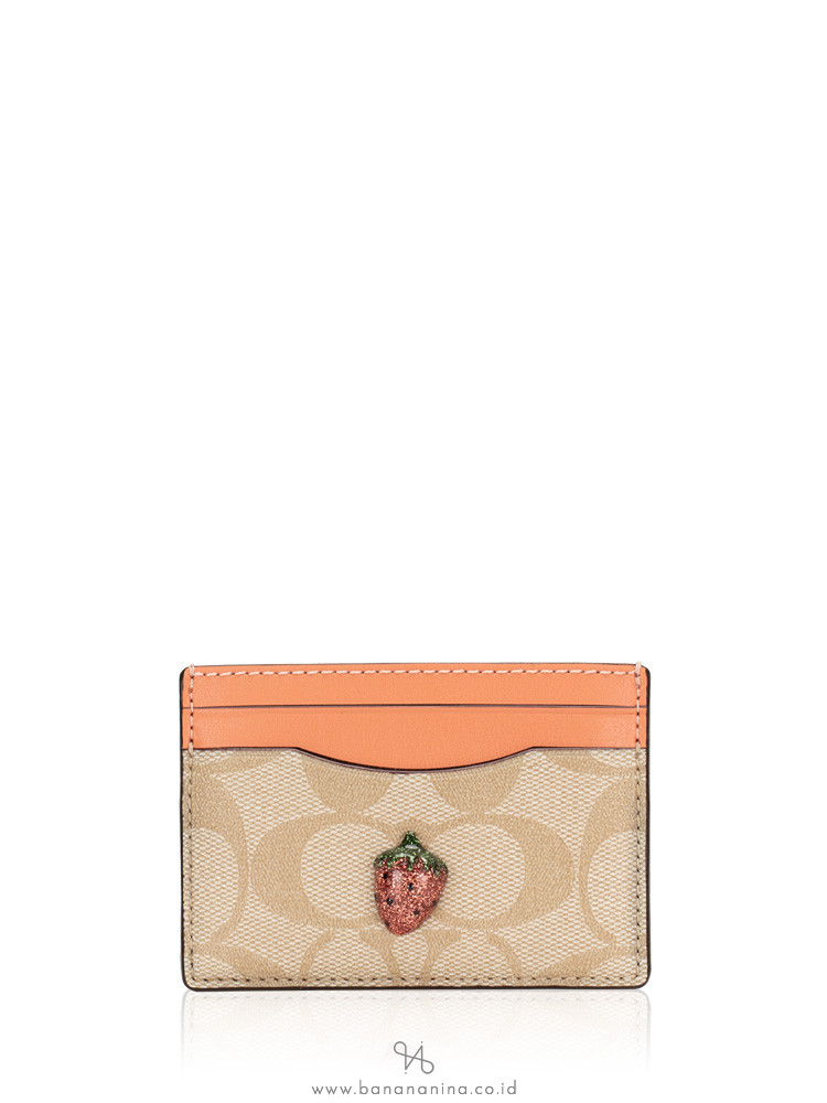 COACH 73079 Signature With Fruit Card Case Light Khaki Coral