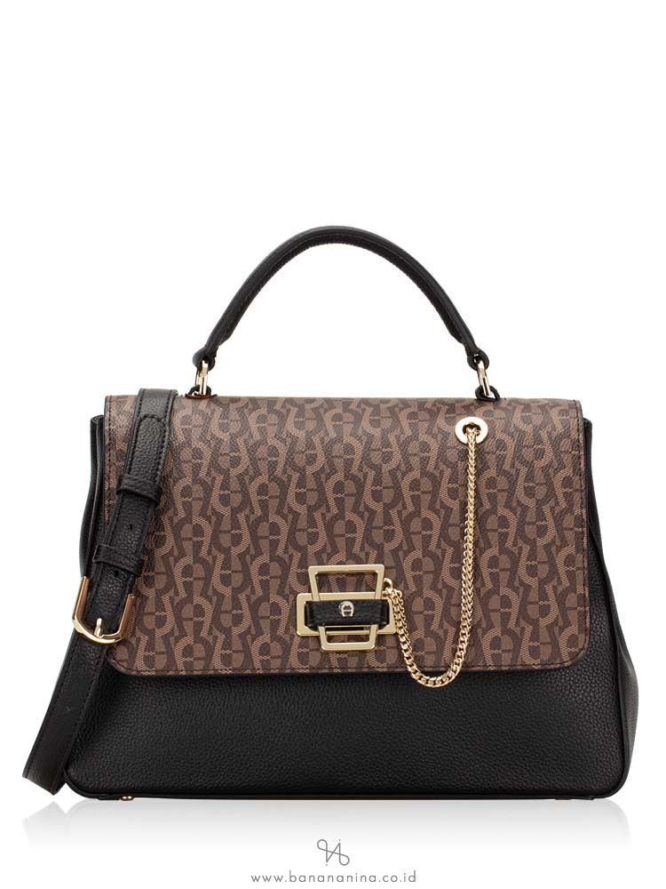 AIGNER Isabella Signature Leather Top Handle Satchel Black Fango