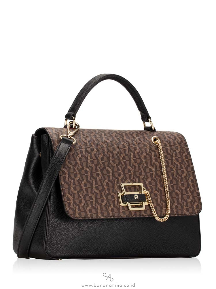 AIGNER Isabella Signature Leather Top Handle Satchel Black Fango