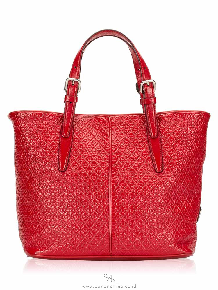 TOD'S Patent Embossed Leather Convertible Tote Burgundy