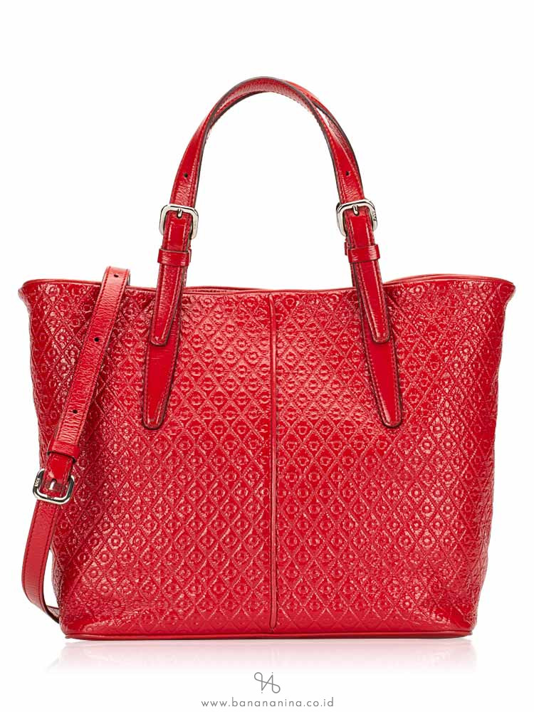 TOD'S Patent Embossed Leather Convertible Tote Burgundy